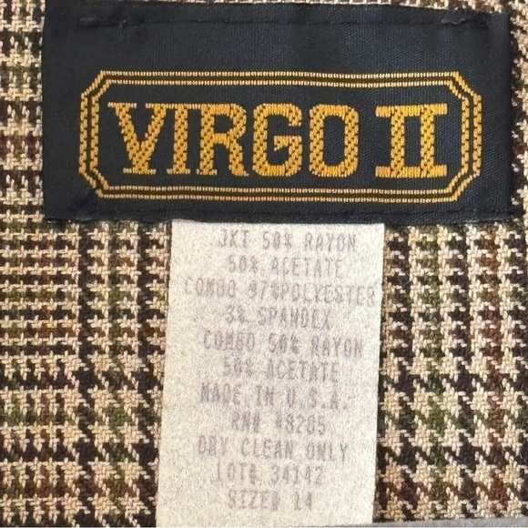 Vintage 80s Virgo II Tan Khaki Brown Houndstooth Blazer w/ Shoulder Pads Size 14 - Picture 13 of 14